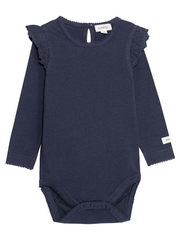 newbie baby Body with ruffles white organic cotton blue navy 