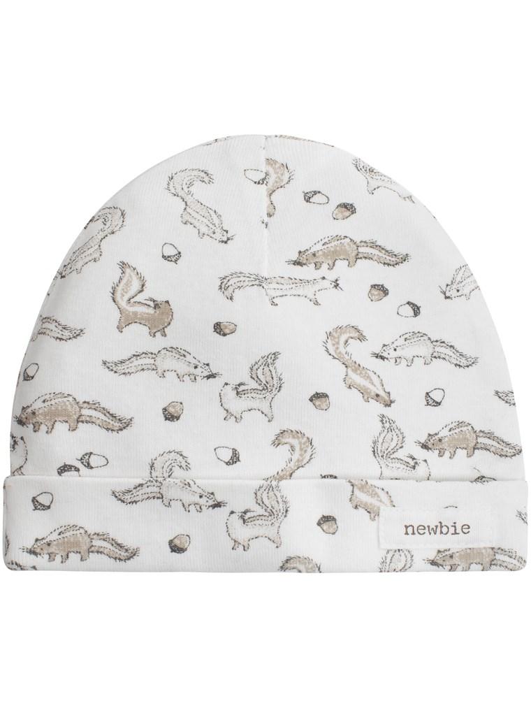 newbie baby hat squirrel print blue organic cotton