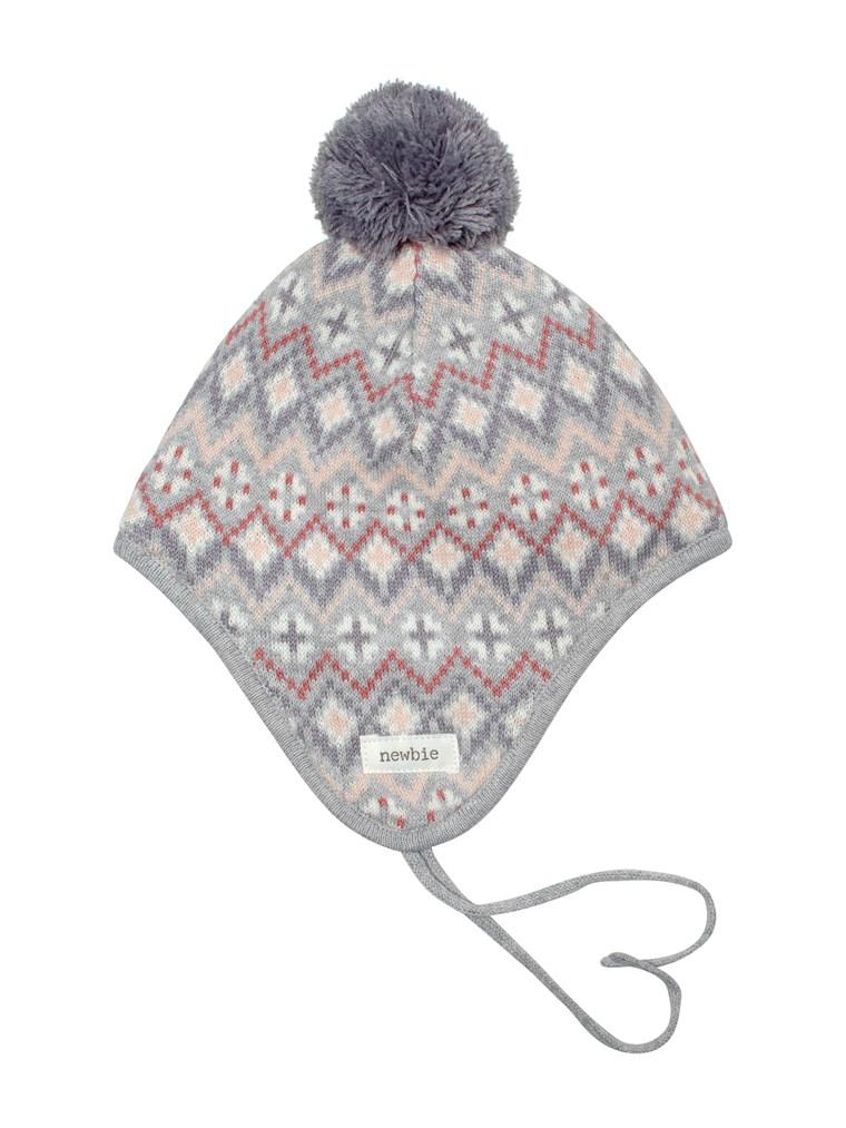 newbie baby hat jaquard print pompom organic cotton 