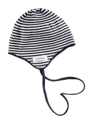 newbie baby hat tie strap stripes print blue organic cotton
