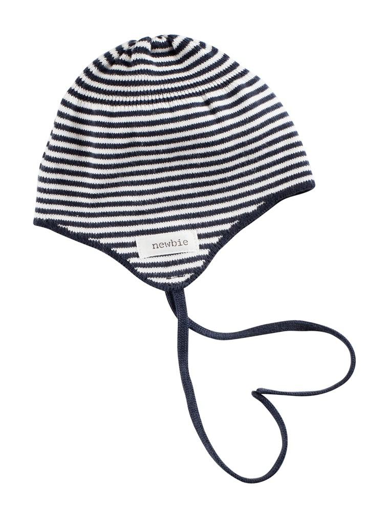 newbie baby hat tie strap stripes print blue organic cotton